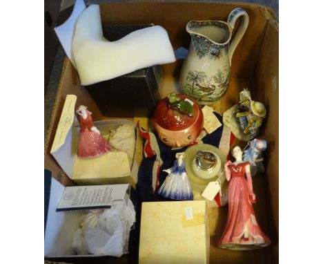 Box of mostly china to include: Coalport figurines; Ladies of Fashion 'Lady in Red', miniature Minuettes figures with boxes; 