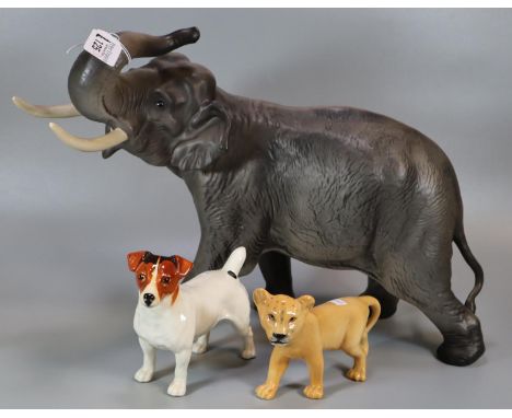 Large model Beswick study of an Elephant together with a Beswick Jack Russel Terrier dog and an a Beswick Lioness.  (3)   (B.