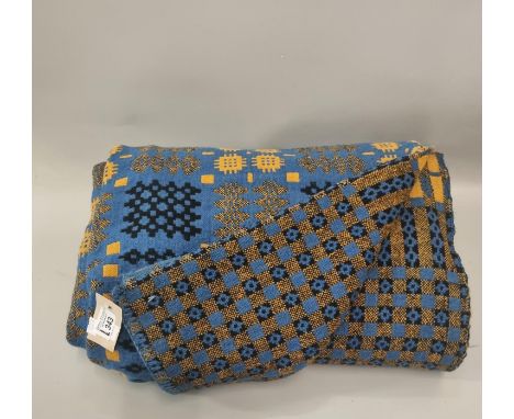 Vintage woollen Welsh tapestry blue ground traditional Caernarfon design blanket or carthen. (B.P. 21% + VAT)  Dimensions: 21