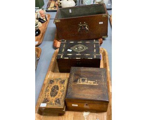 Leather and brass two handled planter with tin lining and armorial together with three wooden boxes, one musical, one probabl