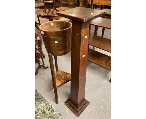 Early 20th century R Lister &amp; Co. oak coopered and metal banded barrel on stand together with a stained torchere stand.  