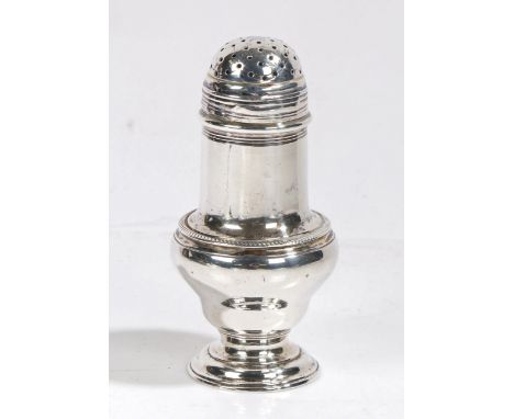 A George III silver muffineer, London 1764, maker John Dempster, the domed pierced top above a gadrooned baluster body and st
