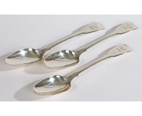 Three crested silver fiddle pattern table spoons, London 1831, Hyam Hyams, 234g total weight (3)