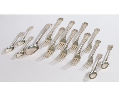 A small quantity of 19th century Kings/Queens pattern flatware to include six dinner forks, two desert forks and one table sp