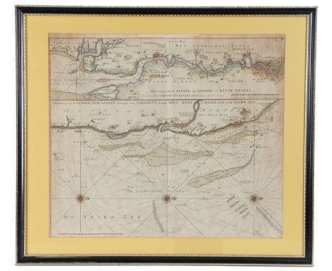 A sea chart of the River Thames by Gerard Van Keulen , Afteekening van de Rivier van London of River Thames [on sheet with] A