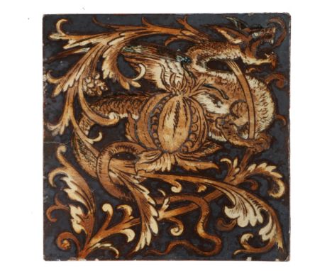 A Martin Brothers stoneware dragon tile, circa 1895, of square form with incised decoration and painted with a ferocious drag