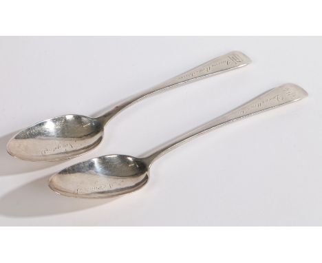 Near pair of engraved Georgian silver table spoons, London 1803/1807, Thomas Wallace II &amp; William Eley and William Fern, 