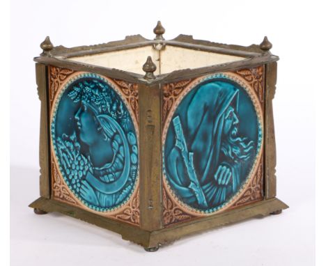 A Minton Hollins &amp; Co tile jardiniere, the turquoise glazed tiles with depictions of classical figures, housed in a brass