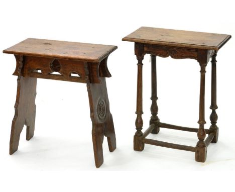 A VICTORIAN CARVED OAK JOINT STOOL, 58CM H AND ANOTHER 