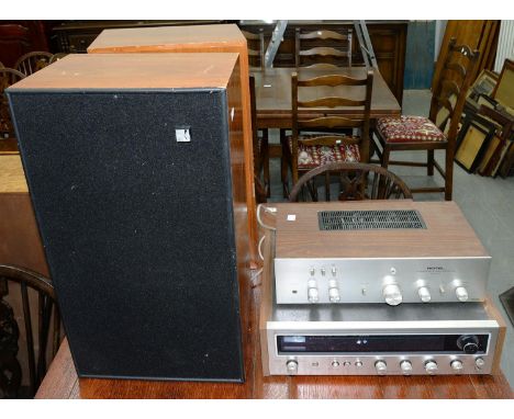 VINTAGE HIFI EQUIPMENT. A TRIO KR2300 STEREO RECEIVER, A ROTEL RA214 INTEGRATED STEREO AMPLIFIER AND A PAIR OF KEF MODEL 104 