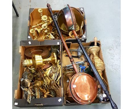 MISCELLANEOUS METALWARE, INCLUDING BRASS CANDLESTICKS, COPPER WARMING PANS, BRASS JAM PAN AND PLATED FLATWARE, ETC