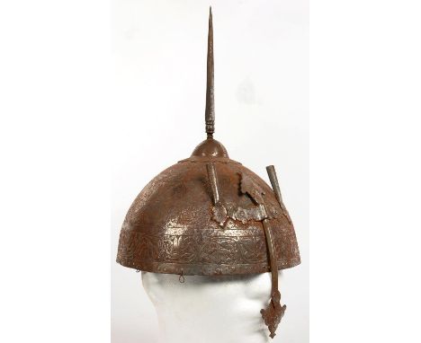 AN INDO PERSIAN STEEL KULAH KHUD, QAJAR, LATE 19TH C, THE DOMED SKULL WITH CENTRAL SPIKE OF DIAMOND SECTION, CHISELLED WITH B