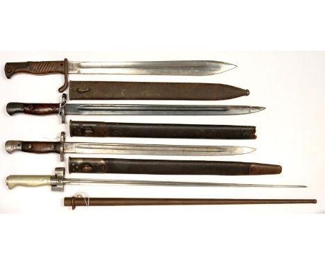 AN M1886/9/16 LEBEL BAYONET AND SHEATH, BLADE 51.8CM, A BRITISH P1907 SWORD BAYONET AND SHEATH BY WILKINSON, ANOTHER AND A GE