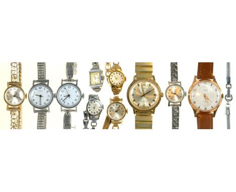 SEVEN TIMEX STAINLESS STEEL AND PLATED LADY'S WRISTWATCHES, A GENTLEMAN'S TIMEX PLATED WRISTWATCH, TWO OTHER WRISTWATCHES AND