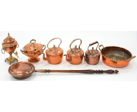 THREE VICTORIAN COPPER KETTLES, A REGENCY TEA URN OF SHIELD SHAPE, A VICTORIAN GADROONED COPPER TUREEN AND COVER, A COPPER PR