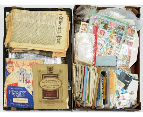 MISCELLANEOUS PRINTED EPHEMERA, COMMEMORATIVE NEWSPAPERS, FIRST DAY COVERS AND POSTAGE STAMPS, ETC 