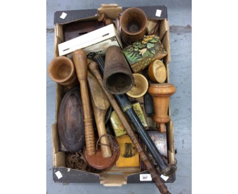 MISCELLANEOUS TREEN BYGONES, 19TH C AND LATER, INCLUDING TRUNCHEONS, CRIBBAGE BOARD, TOBACCO PIPES, CHINESE PAPIER MACHE MONE