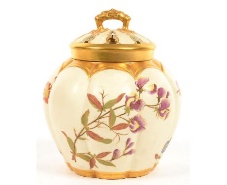 A ROYAL WORCESTER IVORY GROUND LOBED OVOID POTPOURRI JAR, COVER AND INNER COVER, DECORATED WITH NATURALISTIC FLOWERS AND GILT