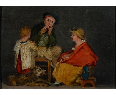AFTER SIR DAVID WILKIE, THE JEW?S HARP, OIL ON BOARD, 14 X 20CM 