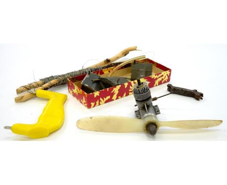 AN ELFIN MODEL AEROPLANE ENGINE WITH ACRYLIC PROPELLER, ETC 