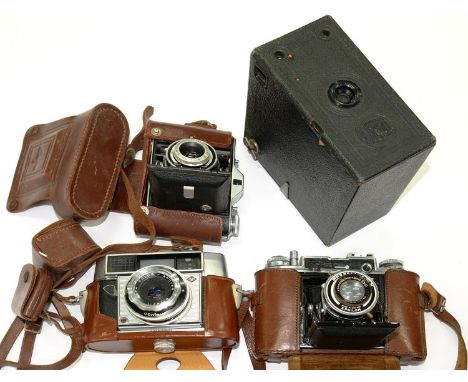 FOUR VINTAGE CAMERAS, COMPRISING ENSIGN COMMANDO WITH COUPLED RANGEFINDER, ANOTHER ENSIGN CAMERA, AGFA AND AN ENSIGN BOX CAME