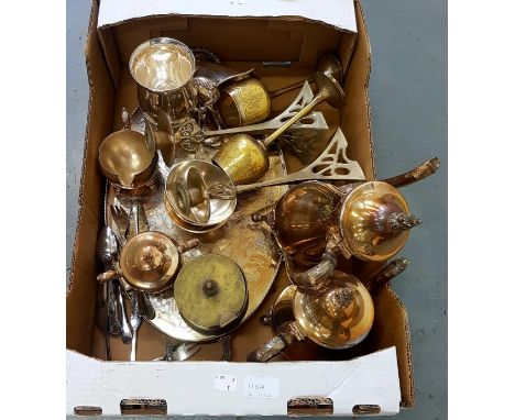 MISCELLANEOUS PLATED AND METALWARE, INCLUDING A PAIR OF WMF STYLE CANDLESTICKS, TRENCH ART, PLATED COFFEE AND TEA SERVICE, ET