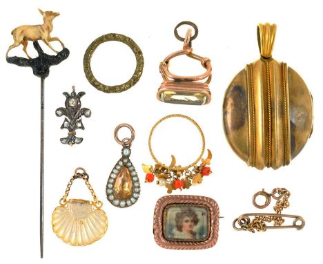 A GOLD MOURNING BROOCH SET WITH A PORTRAIT MINIATURE, A CITRINE INTAGLIO SEAL WITH THE NAME ANNE IN GOLD SERPENT FOB PENDANT,