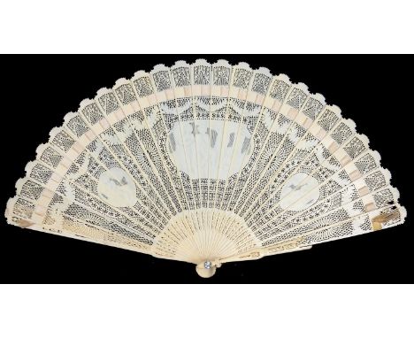 A CHINESE IVORY BRISE FAN, CANTON, MID 19TH C, WITH THREE SHALLOW CARVED RESERVES OF FIGURES, PASTE RIVET, STICKS 16.5CM, ONE