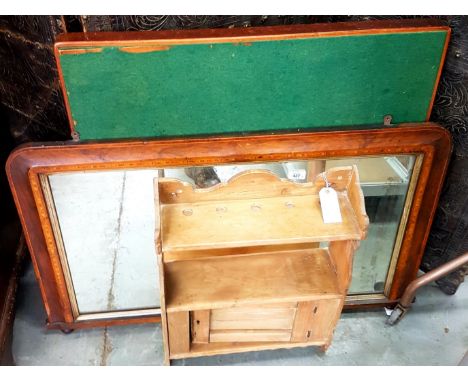 A VICTORIAN INLAID WALNUT OVERMANTEL MIRROR, 95CM W, A SET OF PINE HANGING SHELVES, 41CM W AND A FOLDING CARD TABLE