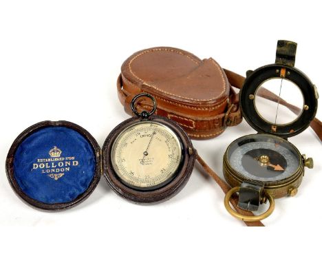 A WORLD WAR ONE BRITISH ARMY OFFICER'S BRASS PRISMATIC COMPASS, MARKED F-L88467, 1917, LEATHER CASE AND A VICTORIAN BLACK PAI
