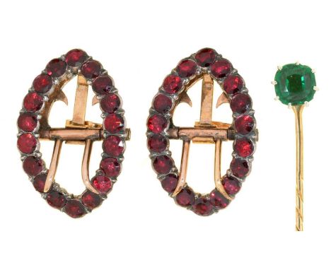 A PAIR OF GARNET EARRINGS IN GOLD AND SILVER, ADAPTED FROM BREECHES BUCKLES, 10.5G, AND A GOLD STICK PIN WITH THREADED GEM TE