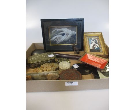 Two early 19th century magnifying glasses, a 19th century brass tobacco box, a carved wood snuff box and other items  