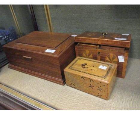 A Tea Caddy, a Puzzle box decorated with Scotties and a wooden Jewellery box (3)  