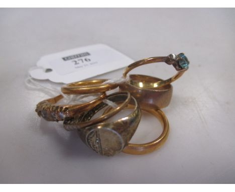 9ct wedding band (4g) and two 22ct bands (11.5g), three dress rings and a signet ring  