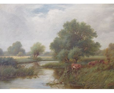 R Jenson 1902, oil painting on canvas of cattle watering in a meadow, 51 x 76cm (unframed), and a smaller seascape with boats