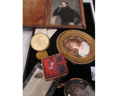An enamelled backed gilt framed child miniature portrait, another, a miniature box with painted decoration etc  