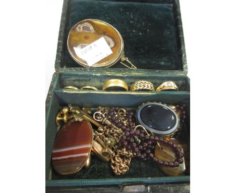 A small jewellery box containing three 22ct wedding rings 12g, an 18ct shott ring and collar stud 8.7g together with a pair o