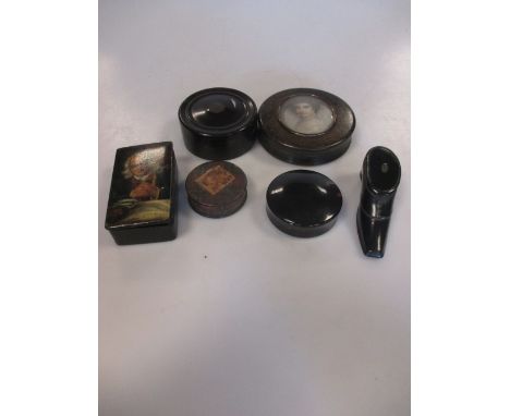 Six 19th century snuff or pill boxes, including a portrait box and shoe shape box (6)  