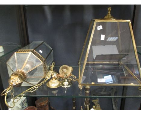Two glass lanterns, binoculars, monocular, door knocker andirons etc  