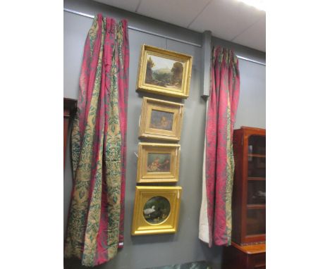 Two pairs of pink, green and ochre printed and interlined curtains, drop 210cm x 87cm wide (2) and drop 210cm x 70cm wide (2)