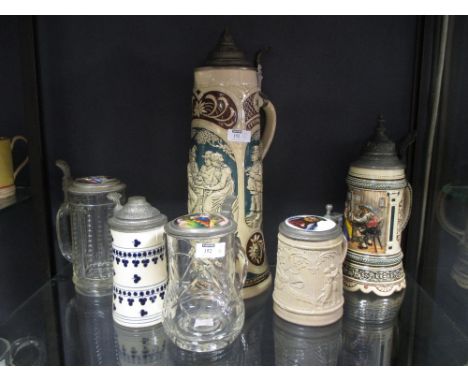 Two glass steins with enamelled covers, A Zsolnay stein &amp; three others (6)  
