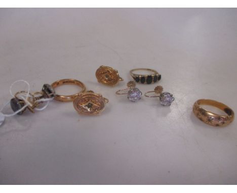 A 22ct gold wedding ring 5.8g and an 18ct gyspy set ring 3.2g together with sapphire set ring and three pairs of earrings  