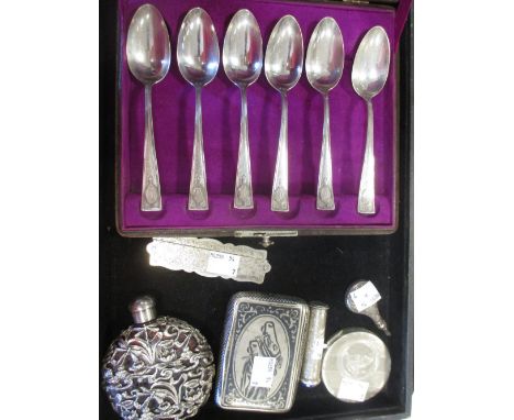 6 spoons, 2 x scent bottles, comb, compact, lipstick holder &amp; tobacco box (7)  