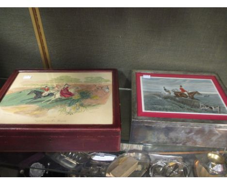 An electroplate cigar box &amp; a leather jewellery box, each with inset hunting print to lid  