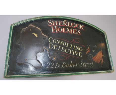 Sherlock Holmes hand painted sign from 221 b Baker Street painted on wooden board with artists signature D. Stewart Measuring