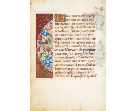 Illuminated leaves.- Single leaf from a Book of Hours, manuscript in Latin, on vellum, 18 lines, in lettre b&acirc;tarde, 1 2