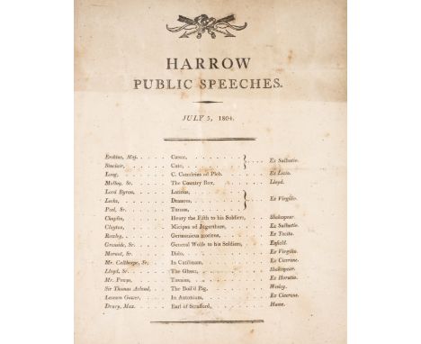Byron.- Flyer for Harrow Public Speeches, folds, portion of light toning to head, some spotting and light soiling, framed and