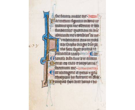 Illuminated leaves.- Single leaf from a Psalter, manuscript in Latin, on vellum, 15 lines, in a gothic bookhand, 5-line initi