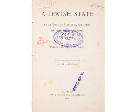 Judaica.- Herzl (Theodor) A Jewish State. An Attempt at a Modern Solution of the Jewish Question, first edition in English, t