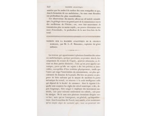 Babbage (Charles).- Menabrea (Luigi-Federico) 'Notions sur la machine analytique de M. Charles Babbage' in Bibliotehèque Univ